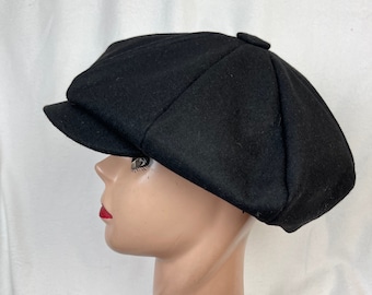 Schwarze Wolle News Boy Cap / Retro Peaky Blinders Cap / Oversized 8-Panel Baker Boy Cap / Big Apple Cap mit Druckknopf vorne