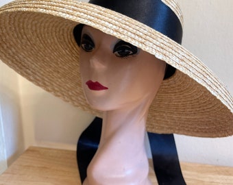 5.5 Inch Natural Wheat Straw Large Bell Brim Hat With Satin Ribbon Band & Bow / Retro Lampshade Milan Braid Straw Hat / Audrey Hepburn Hat