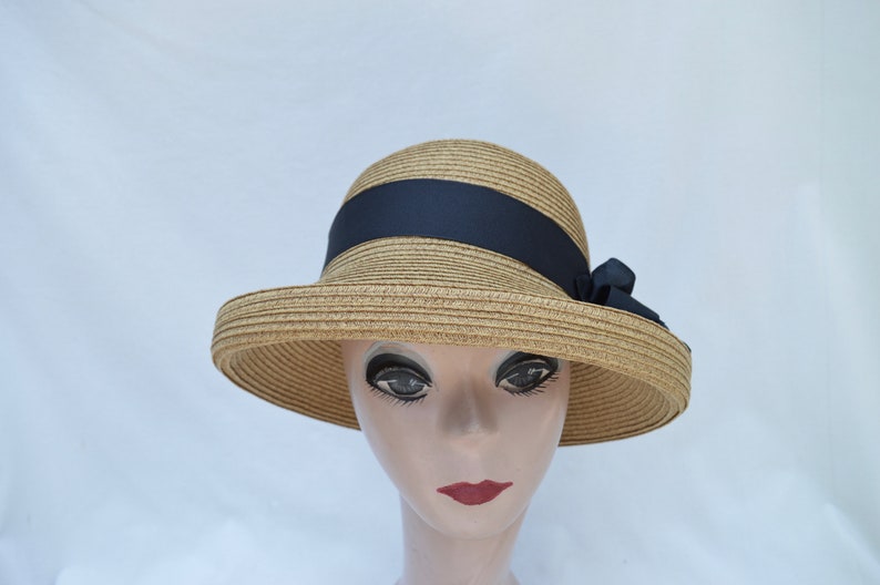 Tan Tweed Straw Kettle Brim Hat With Black Silk Ribbon Bow Trim Women/'s 2 Inch Brim Sun Hat Retro Style Straw Kettle Brim Hat