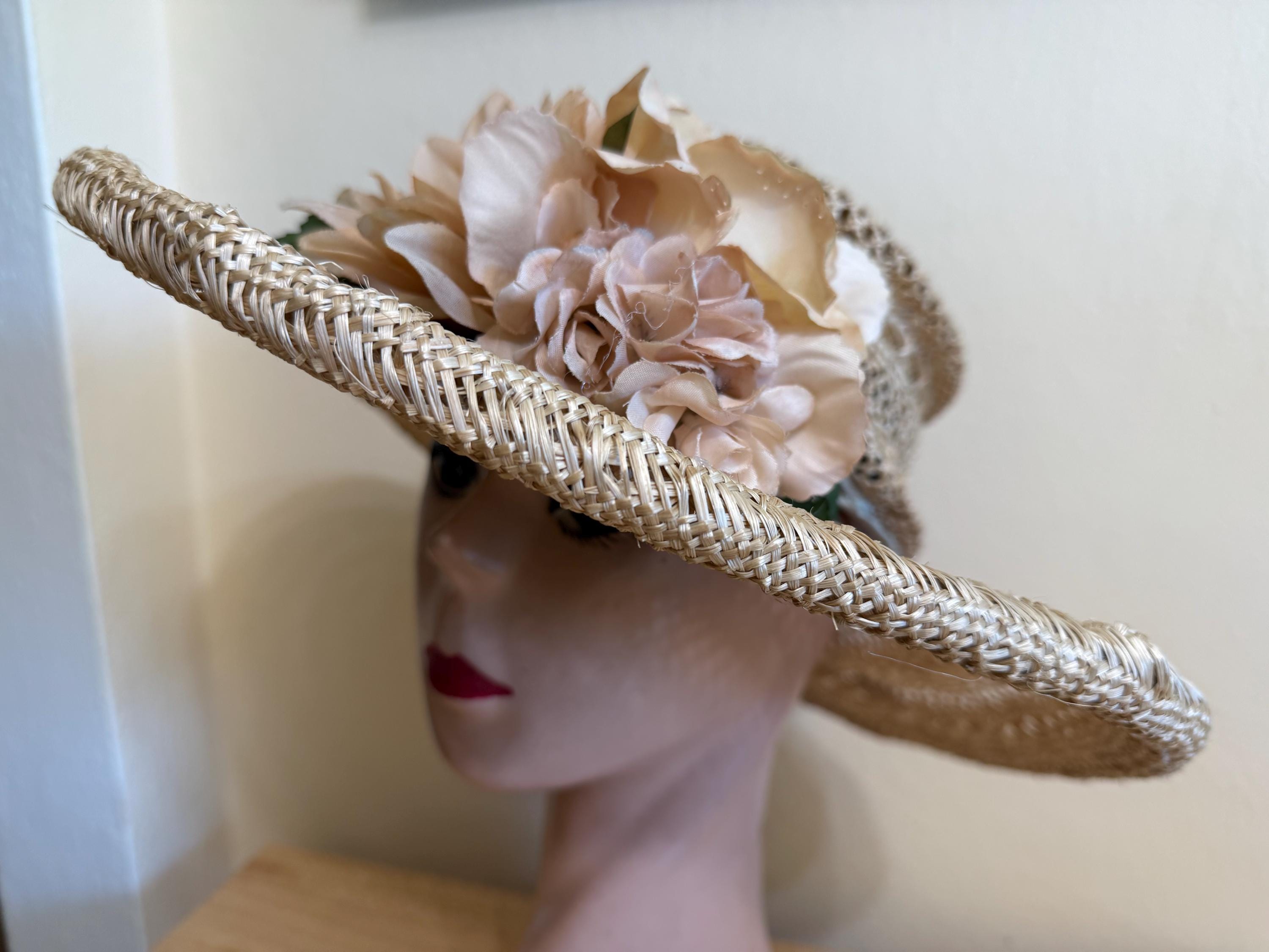 Wide Brim Sisal Straw Sun Hat: Silk Flower Trim, Vintage 