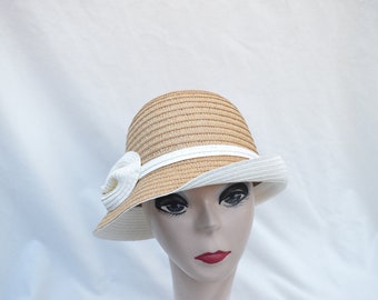 Tan/Cream Cloche Hat With Bow / Vintage Inspired Downton Abbey Cloche Hat / Tan/Cream Straw Cloche Hat With Rolled Brim And Bow