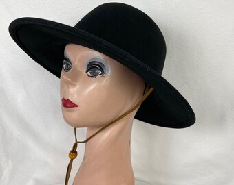 Black Felt Large Brim 3.5 Inch Wool Felt Hat With Adjustable Chin Strap / Black Wool Felt Winter Hat