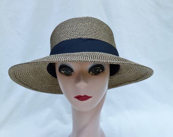 Medium And Large Head Sizes Black Brown Tweed Straw Hat With Black Ribbon Band / LG Head Size Available / Crushable Lampshade Brim Sun Hat