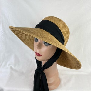 Wheat Color 4 Inch Downturn Brim Straw Hat With Changeable Scarf Trim / Sun Hat With Chin Tie / Straw Lg Brim Beach Hat / Retro Sun Hat image 1