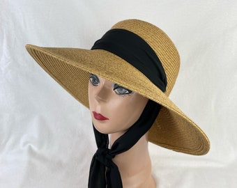 Wheat Color 4 Inch Downturn Brim Straw Hat With Changeable Scarf Trim / Sun Hat With Chin Tie /  Straw Lg Brim Beach Hat / Retro Sun Hat