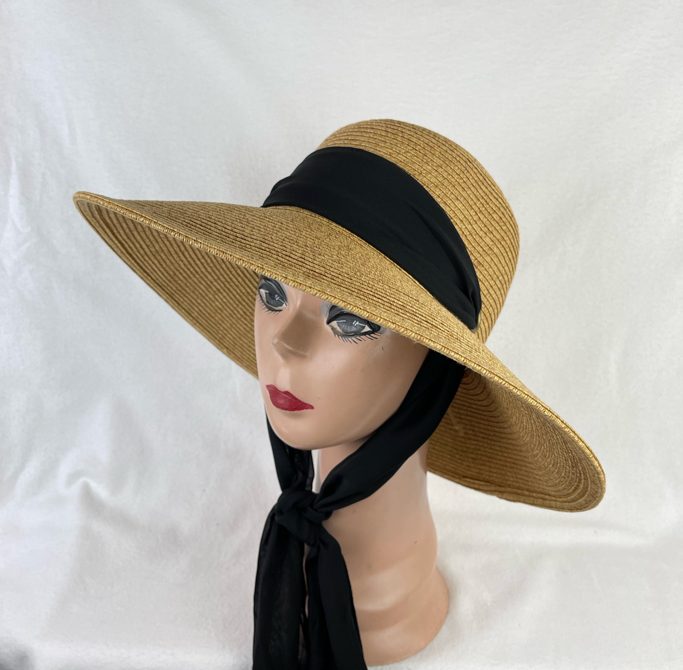 Wheat Color 4 Inch Downturn Brim Straw Hat With Changeable Scarf Trim / Sun Hat With Chin Tie / Straw LG Brim Beach Hat / Retro Sun Hat