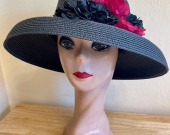 Black Lampshade Straw Hat With Silk And Organza Flower Trim / Retro Style Sun Hat / Derby Hat / Garden Party Hat / Audrey Hepburn Hat