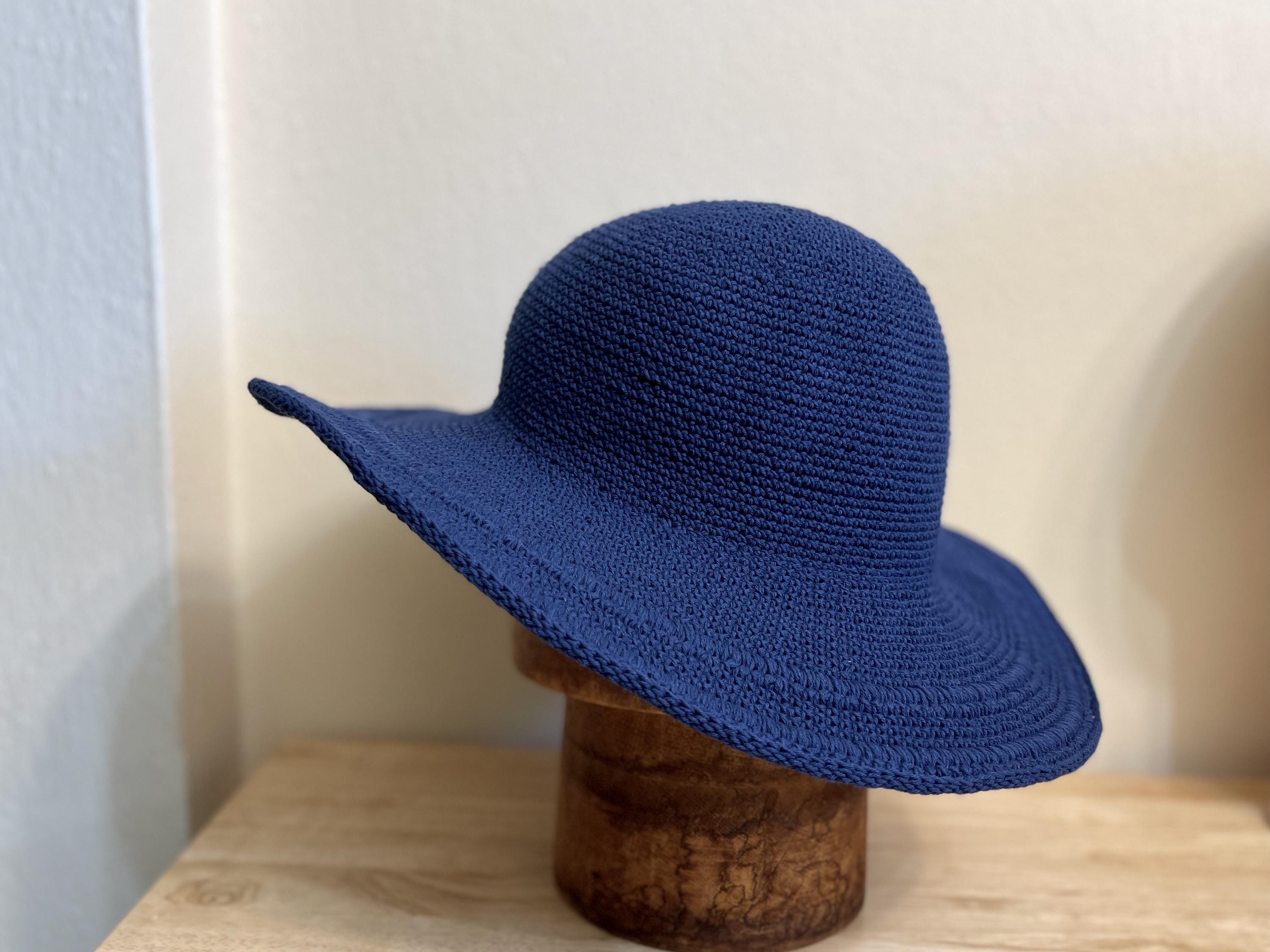 Hand-dyed Navy Blue Crochet Sun Hat: Adjustable Brim Cotton 