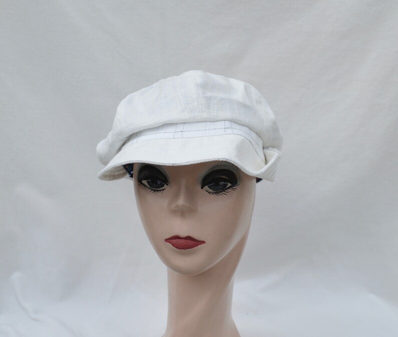 White Vintage Inspired Fabric Cap Handmade Retro Inspired Boating Cap Cotton Side Up Brim Cap