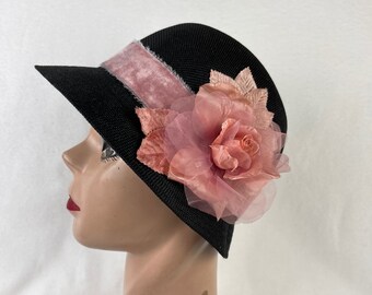 Black Linen Cloche Hat: Silk Rose & Vintage Velvet Ribbon, Deco Style