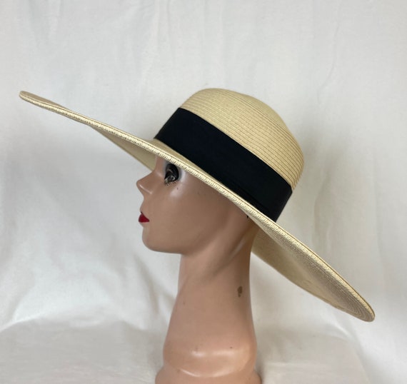 6 Inch Brim Beige Sun Hat With Black Ribbon Band / Flat Brim Sun