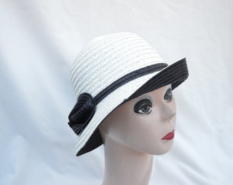 Ivory & Black Straw Cloche Hat: Downton Abbey Style