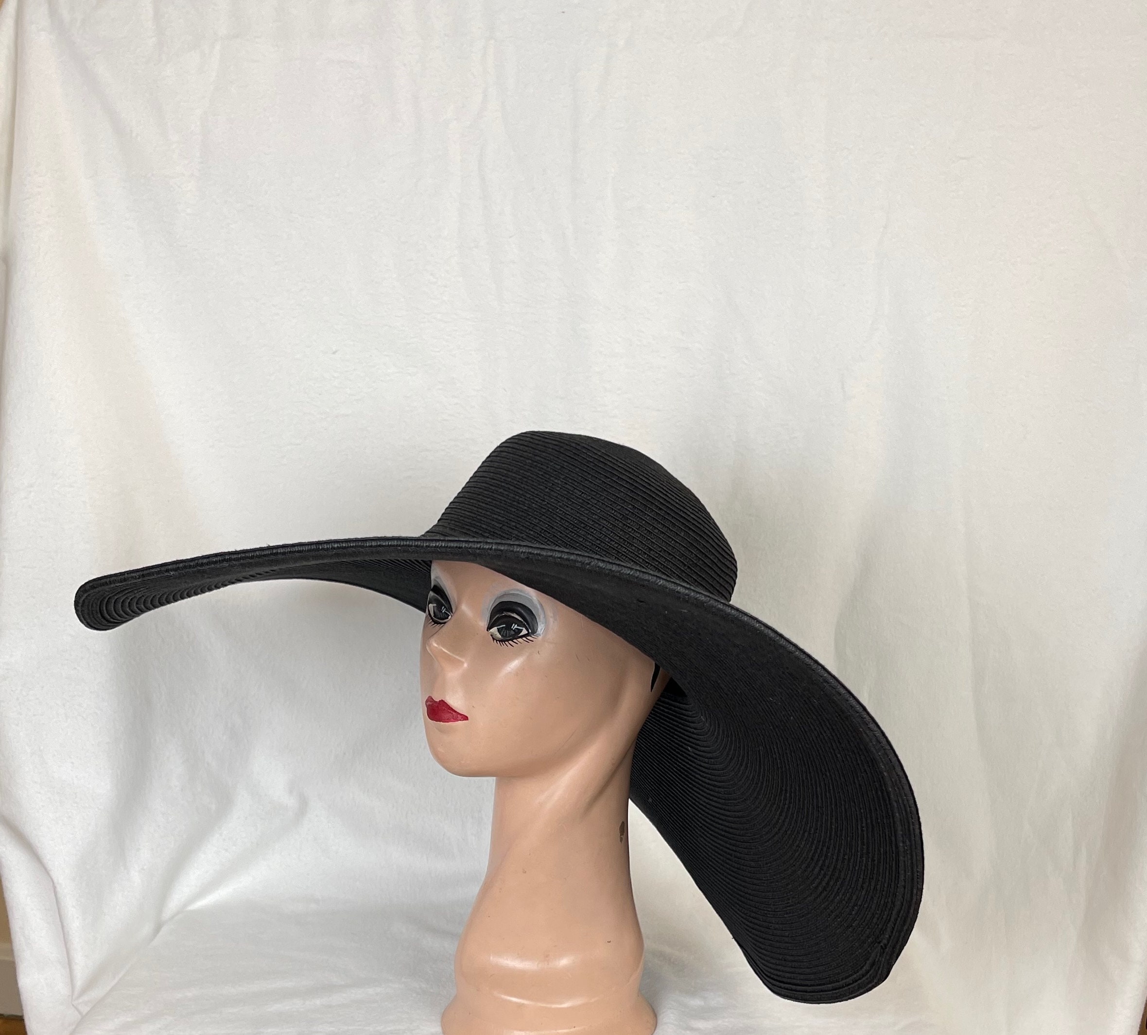 8 Inch Brim Black Sun Hat / Large Slopping Brim Derby Hat
