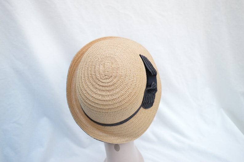 Tan/Black Cloche Hat With Bow / Vintage Inspired Downton Abbey Cloche Hat / Tan/Black Straw Cloche Hat With Rolled Brim And Bow image 6