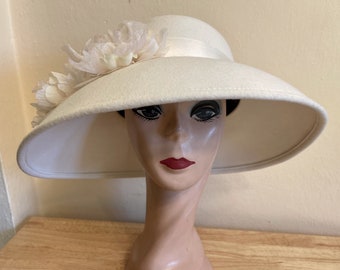 Ivory Large Brim Wool Felt Hat With Handmade Organza Flowers & Silk Ribbon / Uneven Brim Sloped Hat / Formal Millinery / Couture Bridal