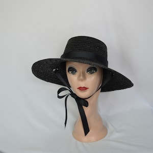 4 Inch Black Straw Boater Hat With Black Ribbon Band  And Removable Ribbon Tie / 18 Ribbon Colors Available / Black Wheat Straw Boater Hat