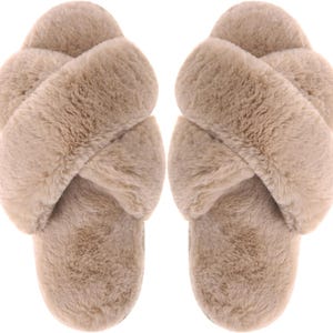 Fuzzy Cross Strap Slippers for Women, Cozy Plush House Slides, Soft Faux Fur Slippers, Warm Winter Slippers, Christmas Gift for Her