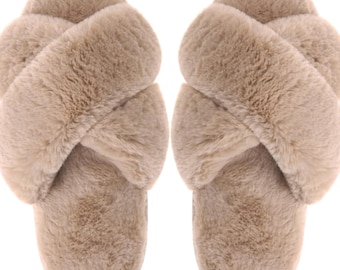 Pantuflas con tiras cruzadas para mujer, cómodas pantuflas de felpa para casa, suaves pantuflas de piel sintética, cálidas pantuflas de invierno, regalo de Navidad para ella.