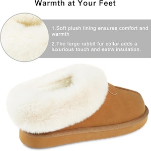 May include: Brown suede slipper with a white faux fur lining and collar. The slipper has a soft plush lining for comfort and warmth. The large rabbit fur collar adds a luxurious touch and extra insulation.