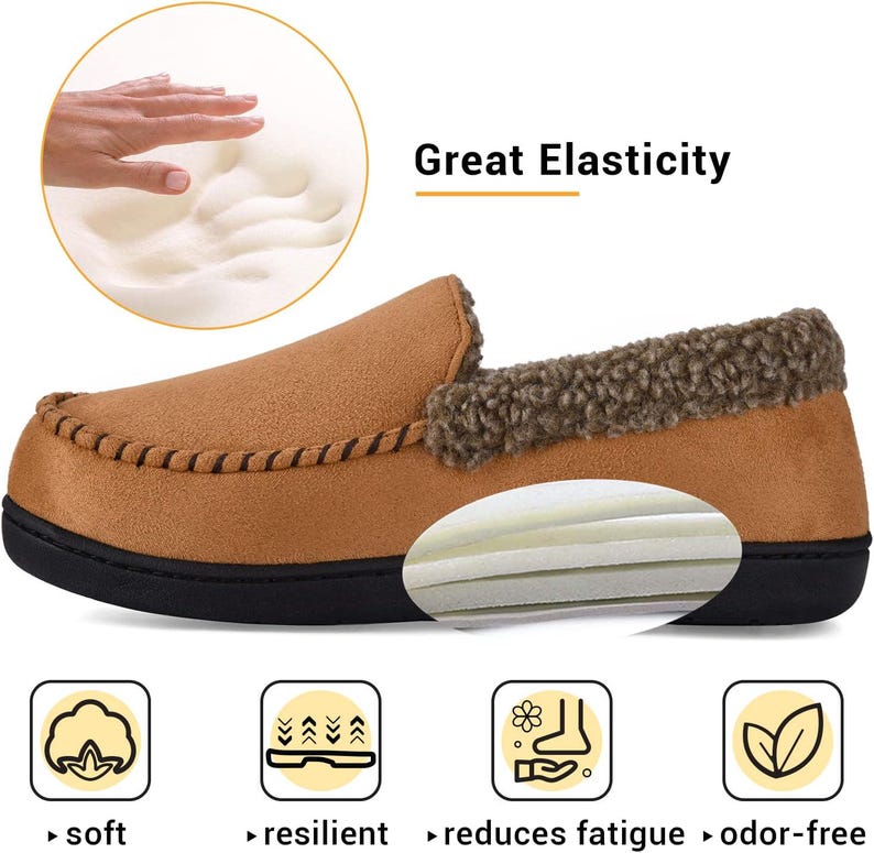 Puede incluir: Zapatilla marr&oacute;n de ante sint&eacute;tico con suela negra y cuello de piel sint&eacute;tica. La imagen muestra las cualidades suaves, resistentes y sin olor de la zapatilla. El texto dice "Great Elasticity".