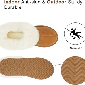 May include: Brown faux fur lined slippers with a non-slip sole. The sole has a textured pattern for added grip. Indoor anti-skid & outdoor sturdy durable. Non-slip.