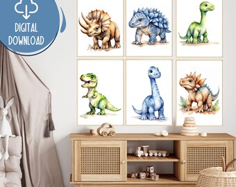 Watercolor Dinosaur Prints: Set of 6 Nursery Wall Art (Digital Download)