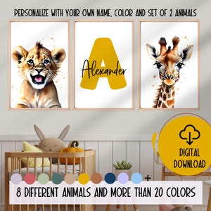 Safari Animal Nursery Decor | Set of 3 Personalized name Wall Art Prints | Jungle Animal Decor | Neutral Nursery Decor| Child Kids Printable