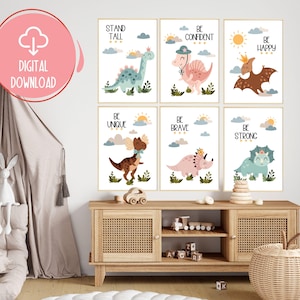 Set of 6 Dinosaur prints, Dinosaur girl wall art, Boho Decor, Girls room decor, Printable girl affirmations, Dinosaur nursery, Girls art