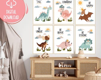 Dinosaur Girl Prints: Boho Nursery Wall Art (Set of 6) (Digital Download)