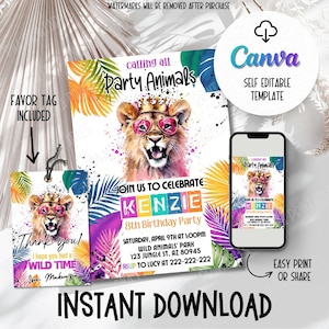 Editable Party Animals Birthday Invitation Template | LION | Calling All Party Animals Printable Invite | Birthday Party | Fun Invitation