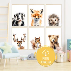 Nursery Wall Art Printable, Woodland Animals Nursery, Set of 6, Baby Animals Print, Nursery Animal Print, Forest Animals, Neutral Nursery