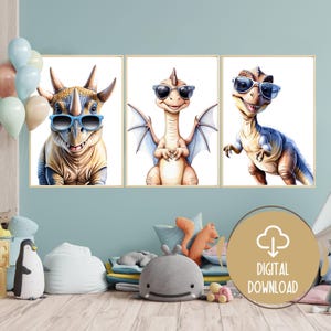 Cool Dinosaur with Glasses Prints - Set of 3 Watercolor Dinosaur Art, Nursery Decor, Boys Bedroom Printable, Dinosaur Nursery Digital Prints