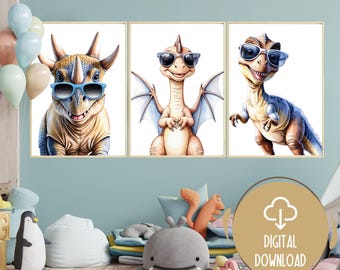 Cool Dinosaur with Glasses Prints - Set of 3 Watercolor Dinosaur Art, Nursery Decor, Boys Bedroom Printable, Dinosaur Nursery Digital Prints