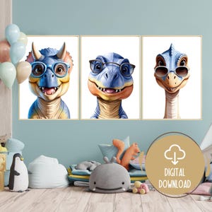 Cool Dinosaur with Glasses Prints - Set of 3 Watercolor Dinosaur Art, Nursery Decor, Boys Bedroom Printable, Dinosaur Nursery Digital Prints