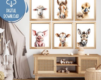 Láminas de animales de granja para guardería: Juego de 6, decoración para habitación infantil (descarga digital)