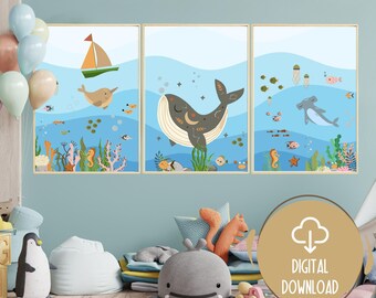 Ozean Kinderzimmer Drucke: Nautical Whale Art Set (digitaler Download)
