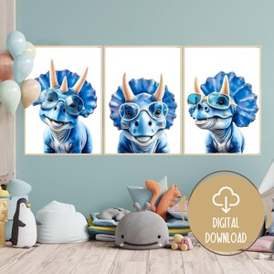 Cool Dinosaur with Glasses Prints - Set of 3 Watercolor Dinosaur Art, Nursery Decor, Boys Bedroom Printable, Dinosaur Nursery Digital Prints
