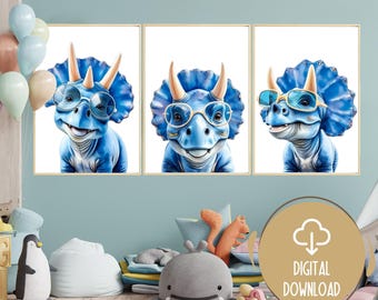 Cool Dinosaur with Glasses Prints - Set of 3 Watercolor Dinosaur Art, Nursery Decor, Boys Bedroom Printable, Dinosaur Nursery Digital Prints