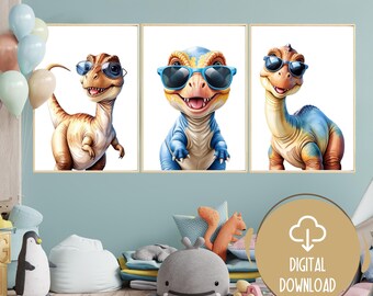 Cool Dinosaur with Glasses Prints - Set of 3 Watercolor Dinosaur Art, Nursery Decor, Boys Bedroom Printable, Dinosaur Nursery Digital Prints