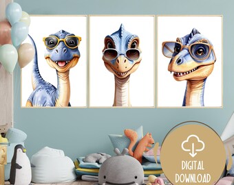 Cool Dinosaur with Glasses Prints - Set of 3 Watercolor Dinosaur Art, Nursery Decor, Boys Bedroom Printable, Dinosaur Nursery Digital Prints