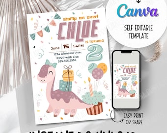 Boho Dinosaurier Mädchen Einladungskarte: Pinke Dino Party (digitaler Download)