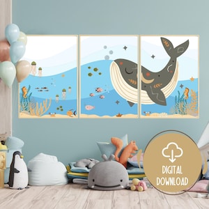 Whimsical Whale Nursery Prints: Set of 3 Nautical Wall Art (Digital Download)