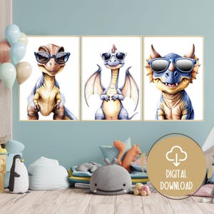 Cool Dinosaur with Glasses Prints - Set of 3 Watercolor Dinosaur Art, Nursery Decor, Boys Bedroom Printable, Dinosaur Nursery Digital Prints