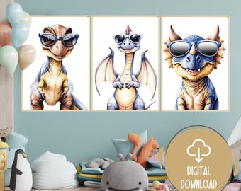 Cool Dinosaur with Glasses Prints - Set of 3 Watercolor Dinosaur Art, Nursery Decor, Boys Bedroom Printable, Dinosaur Nursery Digital Prints