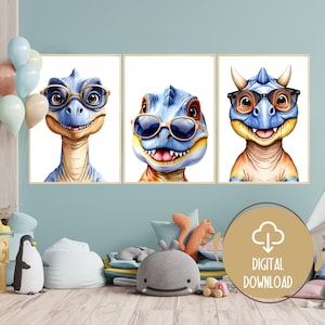 Cool Dinosaur with Glasses Prints - Set of 3 Watercolor Dinosaur Art, Nursery Decor, Boys Bedroom Printable, Dinosaur Nursery Digital Prints