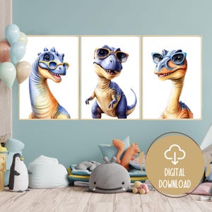 Cool Dinosaur with Glasses Prints - Set of 3 Watercolor Dinosaur Art, Nursery Decor, Boys Bedroom Printable, Dinosaur Nursery Digital Prints