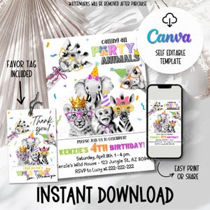 Editable Party Animals Birthday Invitation Template | Calling All Party Animals Printable Invite | Girl Birthday Party | Fun Invitation