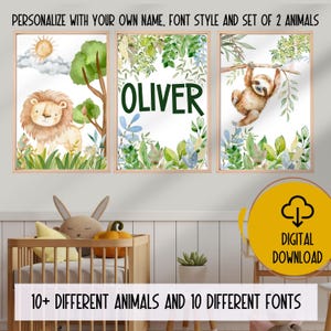 Safari Animal Nursery Decor | Set of 3 Personalized name Wall Art Prints | Jungle Animal Decor | Neutral Nursery Decor| Child Kids Printable