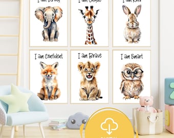 Safari Tier Affirmationen Print Set: Neutrale Kinderzimmer Deko (Digitaler Download)