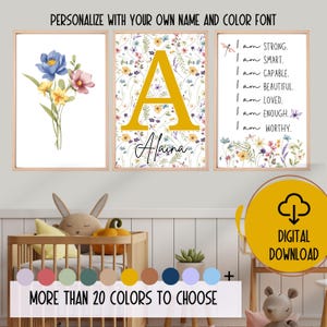 Wildflowers Personalized Affirmations for kids  Set of 3 | Floral nursery Decor| Nursery Wall Art| Watercolor flower Print| Girl&#39;s Decor